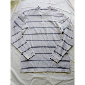 Men's Haggar Shirt Off White 1/4 Button Top Blue Striped Thermal Long Sleeve M